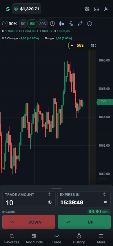 The mobile trade room: a live BTC chart, the expiration countdown, and the UP/DOWN order panel